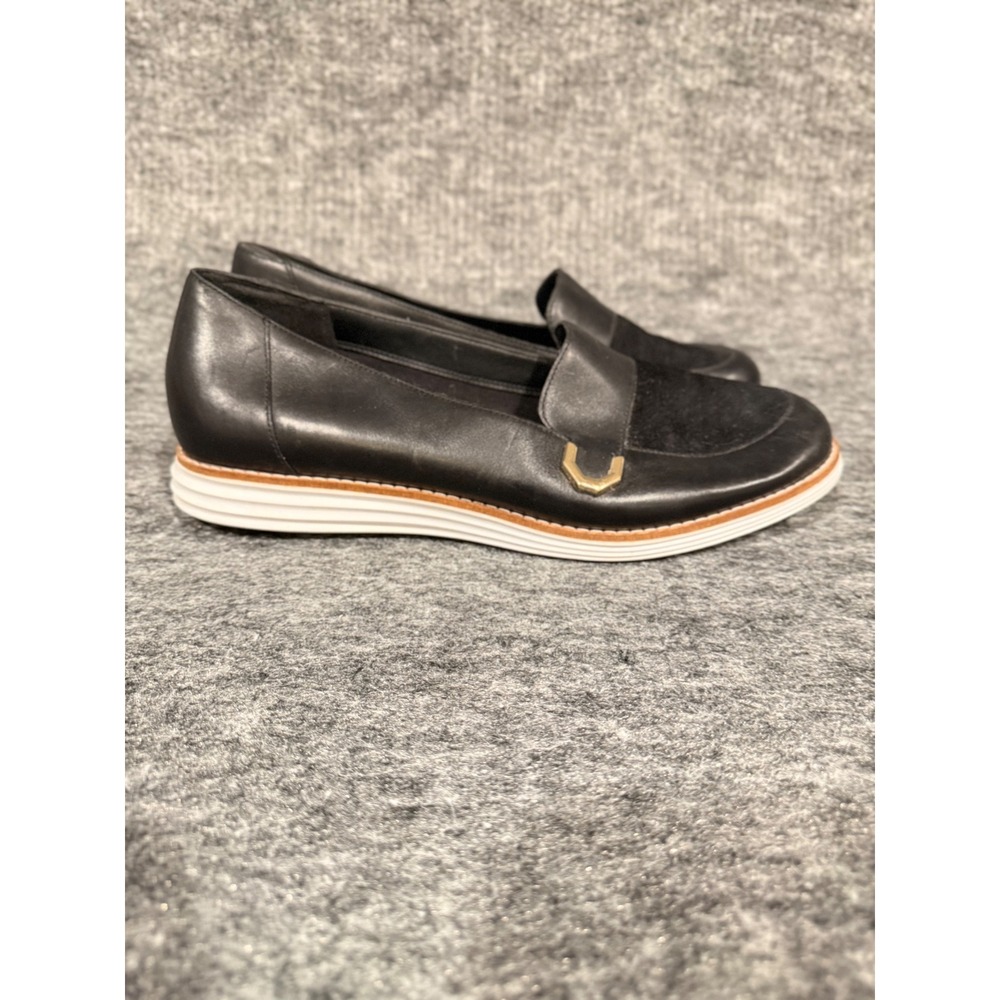 Cole Haan Grand OS Black Leather Suede Loafers Gold Hardware‎ W18786 Womens 9B